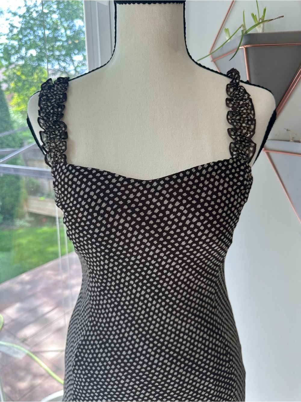 VINTAGE Mandee Bias Cut Brown Polka Dot Sleeveless Dress Lace Organza Size 4 - Picture 6 of 10